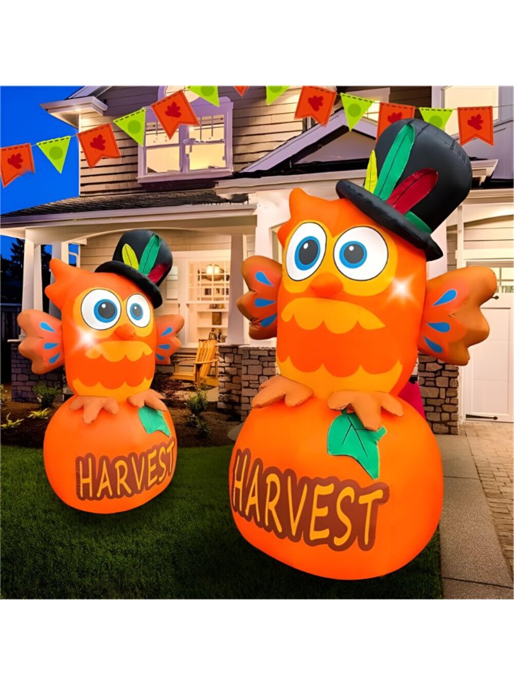 6 FT Thanksgiving Inflatables Owl on Pumpkin, LED Light Fall Inflatables - Picture 3 of 7